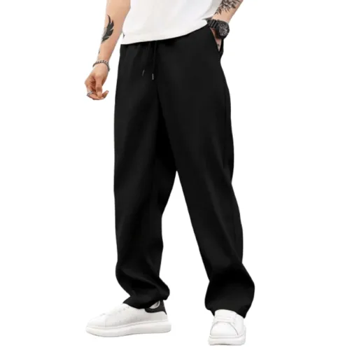 Image of MULAVRI Solid Drawstring Relexed Fit Modern Straight Leg Pants 