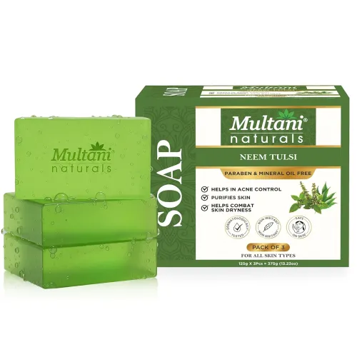 Image of Multani Natural Neem Tulsi Soap (Pack of 3 (125gm each) | Ayurvedic Handmade Herbal Soap Bar with Neem, Tulsi & Glycerin