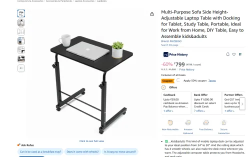Image of Multi-Purpose Sofa Side Height-Adjustable Laptop Table 