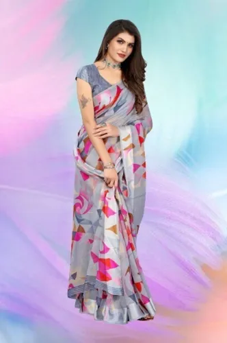 Image of Multicolor Chanderi cotton blend applique saree