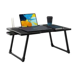Multipurpose Foldable Laptop Table with Cup, Pen Holder & Docking for Tablet | Work from Home, Writing Table, Bed Table, Breakfast Table, Portable (Black - 60[cm] x 40[cm] x 24[cm]), Wood