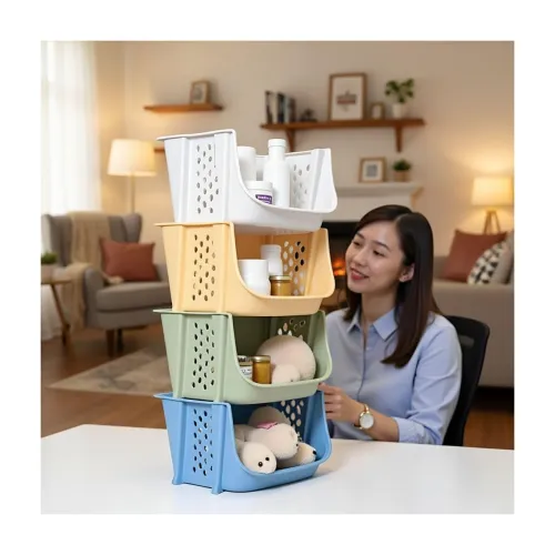 Image of Multipurpose Plastic Basket Storage Rack with Wheels – Stackable Organizer Shelf