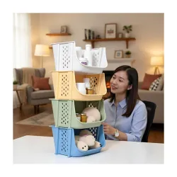 Multipurpose Plastic Basket Storage Rack with Wheels – Stackable Organizer Shelf