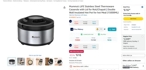 Image of Mumma's LIFE Stainless Steel Thermoware Casserole with Lid for Roti/Chapati | Double Wall Insulated Hot Pot for hot Meal