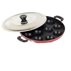 Mumma's LIFE Non-Stick 12 Cavity Grill Appam Patra 2 Side Handle with Stainless Steel Lid | Appam Maker | Appam Patra | Appam pan | Litti Maker | Appe Stand Red (22 cm)