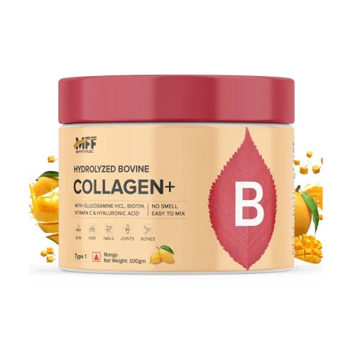 Image of MyFitFuel Hydrolyzed Bovine Collagen (100gm, Mango) with Biotin, Hyaluronic Acid, Zinc, Vitamin C & Glucosamine | For Sk