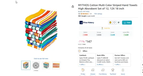 Image of MYTHOS Cotton Multi Color Striped Hand Towels Set of 12