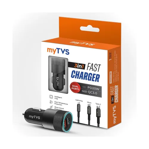 Image of myTVS 38W Fast Car Charger with Dual Output (Type C PD 20W & USB Qualcomm 3.0) with 3-in-1 Charging Cable, Quick Charge,