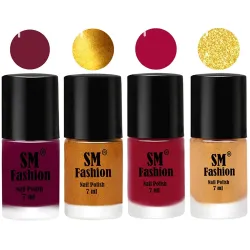 Nail Polish Combo Set (Pack of 4) Quick Dry Gel Finish Nail Paint | Mulberry,Golden,Raspberry,Light Golden | 7 ml Each