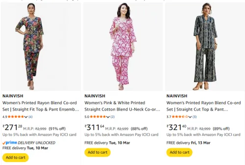 Image of NAINVISH Printed Rayon Co-ord Set @ Starting ₹270