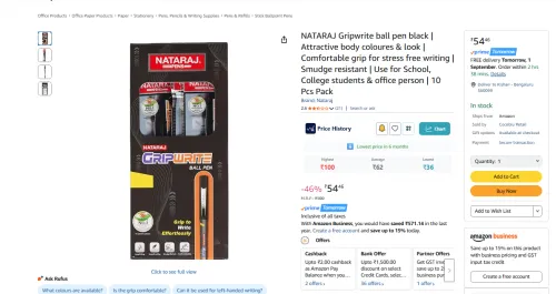 Image of NATARAJ Gripwrite ball pen black (10 Pcs Pack)
