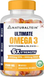 NATURALTEIN Ultimate 6X Omega 3 Fish Oil | 2500 mg with 900 mg EPA+600mg DHA|Vitamin A,D3,E&K2 (60 Capsules)