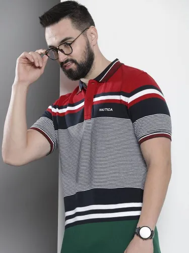 Image of NAUTICA  Men Striped Polo Neck Pure Cotton Red T-Shirt