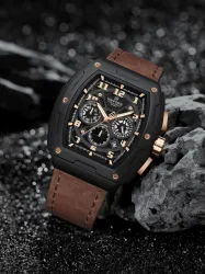 NAVIFORCE Dynamic view Black&Rosegold multifunctional dial with Brown genuine leather belt Analog Watch - For Men NF8053 Barrel's shaped case with hollowed dials