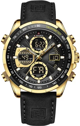 Image of NAVIFORCE Black Gold Leather Multifunction Watch - For Boys