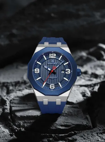 Image of NAVIFORCE Striking Deep Blue Dial Matching Blue Octagonal Case With Add Subtle Red Accents Analog Watch - For Men 8079 