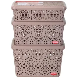 Nayasa Flower Storage Basket Set Of 3 |Small + Medium + Big | Plastic Multipurpose Basket With Lid | Beige