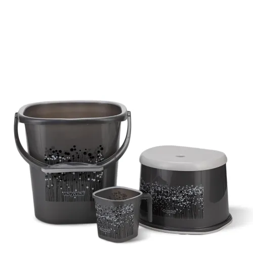 Image of Nayasa Funk Square 3 Pcs Bathroom Set | Bucket 25 L + Mug 1.5 L + 508 Stool | Bathroom Set | Bath Set for Bathroom | Bla