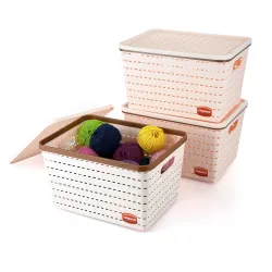 Nayasa Gloria Plastic Storage Basket with Lid, Big, Set of 3, Peach