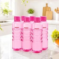 Nayasa Revello 1000 ML Pet Plastic Fridge Water Bottles Set of 6 | BPA Free | Leak Proof | Airtight Lid | Pink