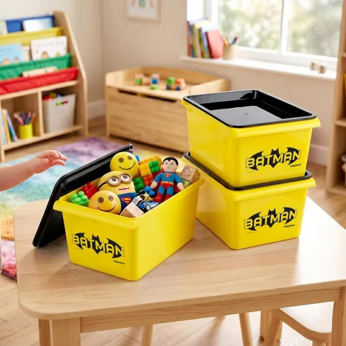 Image of Nayasa Stack N Store Batman, Small, 5 ltrs | DC Superhero Print Plastic Storage Boxes Set of 3 with Lid | Side Handles |