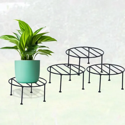 Image of NAYRA Plant Round Stand Galvanised Metal Pot Stand Set 4 Black
