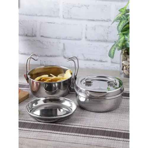 Image of Neelam Stainless Steel, 26 Gauge Two Compartment Tiffin Box with Lid, 1000 ml (Tiffin Plate 8x2), Space Saving Handles, 