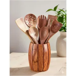 Neem Wood Cooking Spoons Set of 7 with Holder