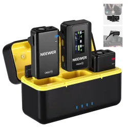 NEEWER CM28 Wireless Lavalier Microphone System with Charging Case, 1 Click Noise Canceling, 4GB Storage for 9Hrs of 48KHz 16 Bit Uncompressed Audio Lapel Mic Compatible with iPhone/Android/...