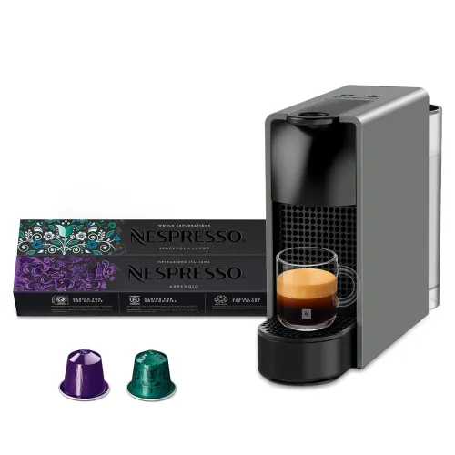 Image of Nespresso Essenza Mini Coffee Machine (Grey) with 2 Coffee Sleeves| One-Touch