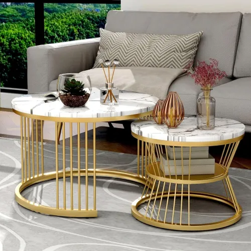 Image of NEST NATURE HAVEN Round Coffee Table (Set of 2) Sofa Side Table with Marble Veneer Top and Metal Frame