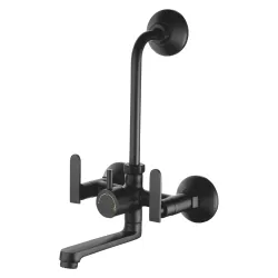 NEW WARE® Matte Black Wall Mounted Bathroom Faucet | Hot & Cold Water Mixer Tap with Double Cross Handles, Multi-Flow Spout, Wall Flange & Heavy Duty Brass Body for Bathroom Wash Basin | Modern Home