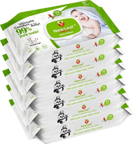 Image of Newleaf Premium Baby Wipes | 99% Pure Water, Aloe Vera & Glycerine with Lid, Pack of 6 (432 Wipes)