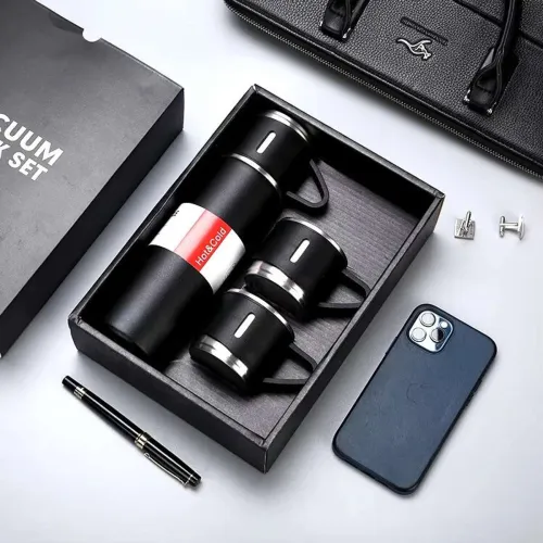 Image of NEXIS Vacuum Insulated Flask set 3 Cup set for Hot & Cold Drink (Gift Set) 500 ml Steel Flask (Pack of 1, Black)
