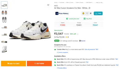 Image of NIKE Air Max Fusion Sneakers For Men (White , 9)
