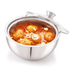 ANJALI EPSB150 Stainless Steel Elite Pro Double Walled Insulated Serving Bowl with Glass Lid 1600 ml