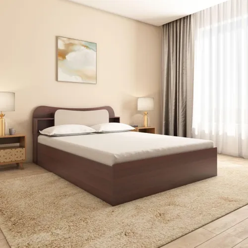 Image of Nilkamal Daffodil Wooden Queen Bed with Box Storage | Designer Headboard with Storage | Engineered Wood | 1 Year Warrant