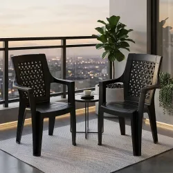 Nilkamal Elevate Plastic Chair with Arm | Set of 2 | Stackable Chair | for Living Room, Bed Room, Kitchen, Balconies, Outdoor | Iron Black