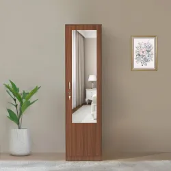 Nilkamal Joyce 1 Door Wooden Wardrobe with Mirror for Bedroom | Almirah with 4 Shelves & 1 Drawer | Clothes Cupboard, Storage Organizer | Engineered Wood | Walnut