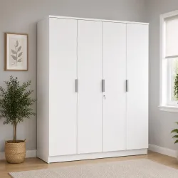 Nilkamal Joyce 4 Door Wooden Wardrobe for Bedroom | Almirah with 13 Shelves & 1 Hanging Rod | Clothes Cupboard | Engineered Wood | Frosty White