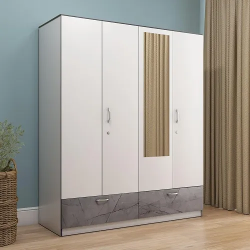 Image of Nilkamal Marbito 4-Door Wooden Wardrobe with Mirror for Bedroom| 3 Year Warranty