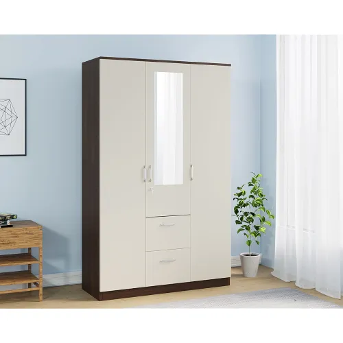 Image of Nilkamal Mozart 3 Door Wooden Wardrobe with Mirror for Bedroom | Almirah with Hanging Rod, 8 Shelves, 3 Drawers |