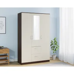 Nilkamal Mozart 3 Door Wooden Wardrobe with Mirror for Bedroom | Almirah with Hanging Rod, 8 Shelves, 3 Drawers |