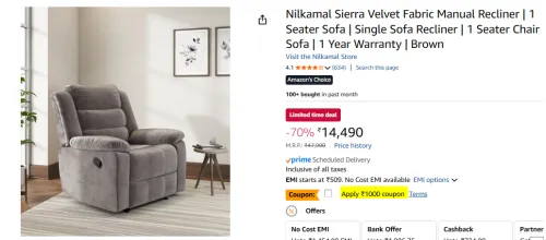 Image of Nilkamal Sierra Velvet Fabric Manual Recliner 1 Seater Sofa