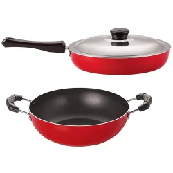 Nirlon 2 Pieces Rust Free Non-Stick Aluminium Kitchen Cooking Essential Combo Gift Set of Fry Pan-3.2 LTR & Kadhai-2 LTR