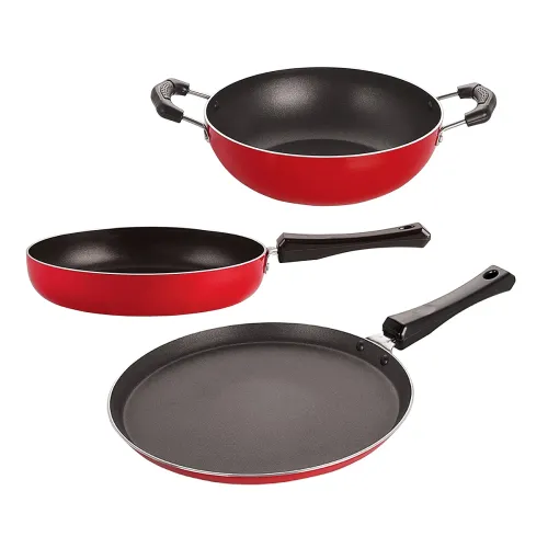 Image of Nirlon Non Stick Coating AluminumGas & stovetops Friendly 3 Piece Cookware Set with Bakelite Handle(Flat Tawa 12-27cm|Fr