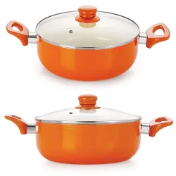 NIRLON Ceramic Non Stick Aluminium Cookware Casserole Set with Glass Lid - Set of 2 (Orange)