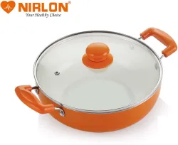 NIRLON Ceramic Non-Stick Aluminium Induction Friendly Cooking Kadhai,3.1 Liter, Orange Kadhai 24 cm diameter with Lid 3.1 L capacity (Aluminium, Non-stick, Induction Bottom)