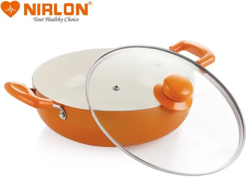 Image of NIRLON Ceramic Non-Stick Aluminium Induction Friendly Cooking Kadhai, 3.1 Liter, Orange Kadhai 24 cm diameter with Lid 3