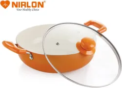 NIRLON Ceramic Non-Stick Aluminium Induction Friendly Cooking Kadhai, 3.1 Liter, Orange Kadhai 24 cm diameter with Lid 3